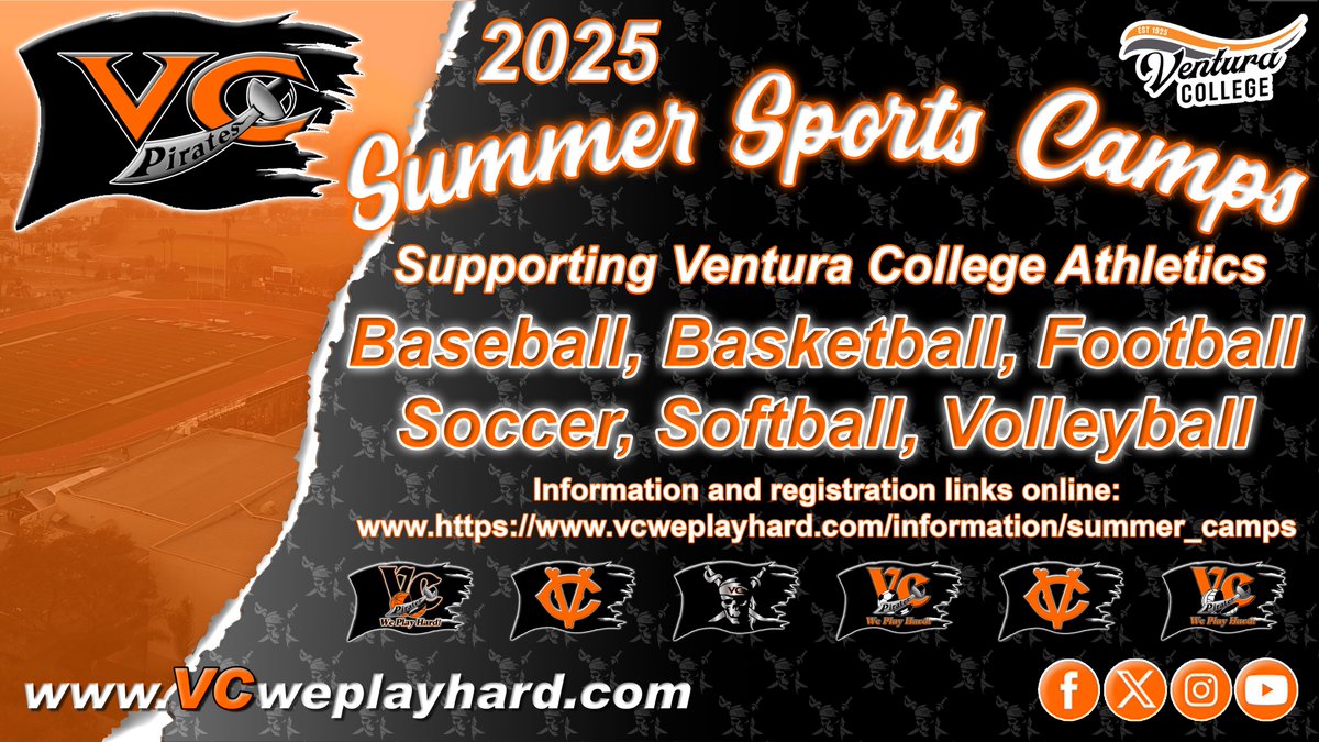 VCPirateAthletics (@vcathletics) on Twitter photo Spend the summer at Ventura College with our Summer Sports Camps! Kids are invited to participate in camps featuring basketball, baseball, football, soccer, softball and volleyball supporting <a href="/VCAthletics/">VCPirateAthletics</a>! Get more info and registration details online, vcweplayhard.com/information/su… Spend the summer at Ventura College with our Summer Sports Camps! Kids are invited to participate in camps featuring basketball, baseball, football, soccer, softball and volleyball supporting <a href="/VCAthletics/">VCPirateAthletics</a>! Get more info and registration details online, vcweplayhard.com/information/su…