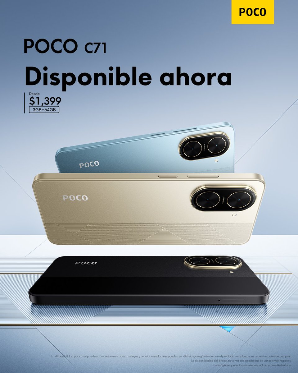 📱 #POCOC71 llega en tres colores con mucho estilo.
Doble cámara, procesador potente y desde solo $1,399.
¡Hazlo tuyo hoy mismo! 😎