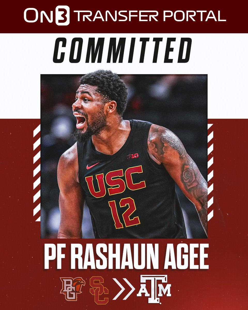 Transfer Portal (@transferportal_) on Twitter photo BREAKING: USC transfer forward Rashaun Agee has signed with Texas A&M, <a href="/PeteNakos_/">Pete Nakos</a> reports👍
on3.com/college/texas-… BREAKING: USC transfer forward Rashaun Agee has signed with Texas A&M, <a href="/PeteNakos_/">Pete Nakos</a> reports👍
on3.com/college/texas-…