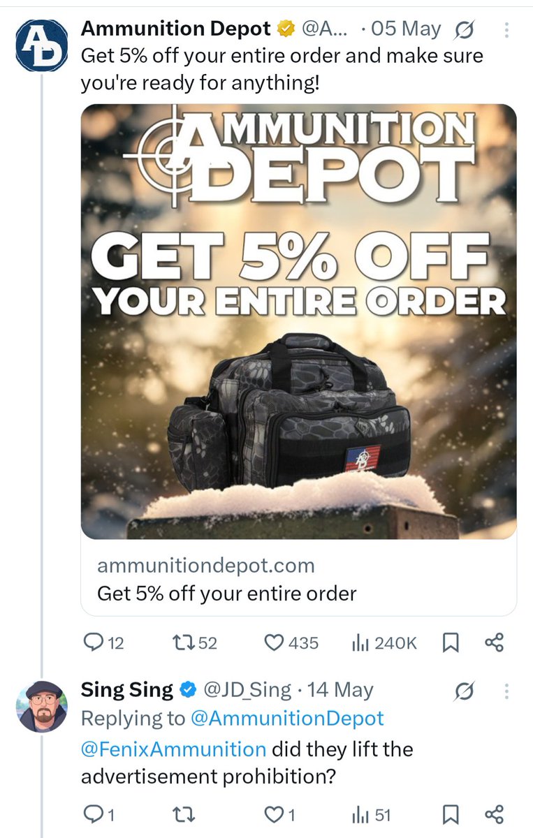 Feni𝕏 Ammunition (@fenixammunition) on Twitter photo <a href="/elonmusk/">Kekius Maximus</a> why am I getting served ads from my competitor (I use that term loosely here) literally every day, multiple times per day, and yet I can't place ads of my own?
And, I get no response from customer service.
It's clearly allowed. So, what's the problem? <a href="/elonmusk/">Kekius Maximus</a> why am I getting served ads from my competitor (I use that term loosely here) literally every day, multiple times per day, and yet I can't place ads of my own?
And, I get no response from customer service.
It's clearly allowed. So, what's the problem?