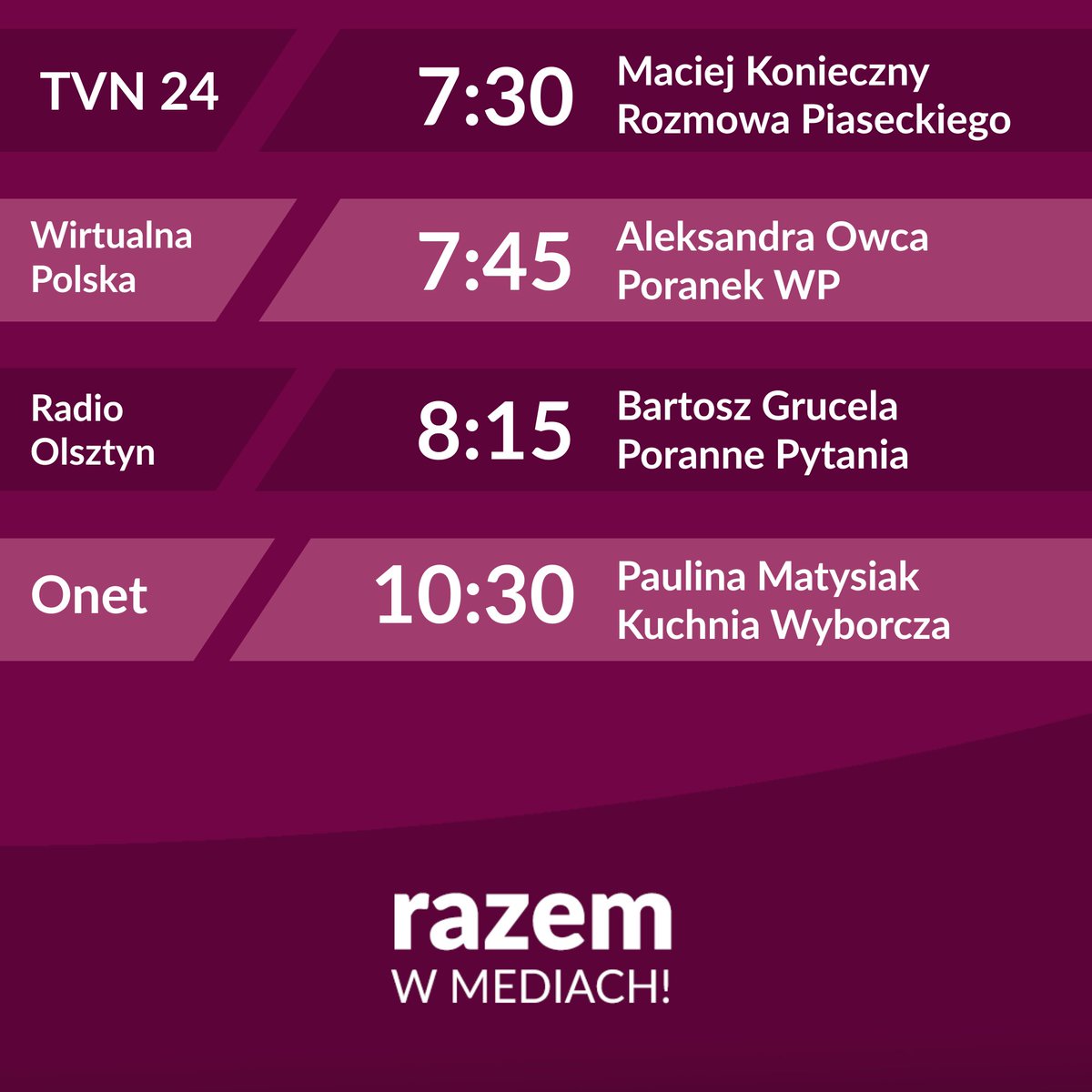 Razem w mediach! 

Słuchaj i oglądaj naszych osób w czwartek od samego rana!