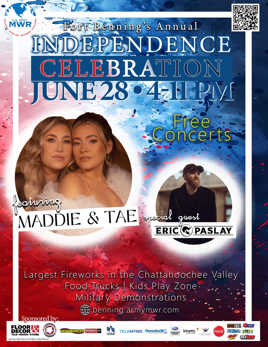 👋 Hey Fort Benning!

Maddie and Tae headline a FREE concert at the annual 🎆 Fort Benning Independence Celebration! 🎆

Join us June 28, 2025 at York Field in front of bldg. 4; festivities kick off at 4 p.m.

*Sponsorship does not imply federal endorsement

<a href="/CDRFtBenning/">GarrisonFtBenningCDR</a>