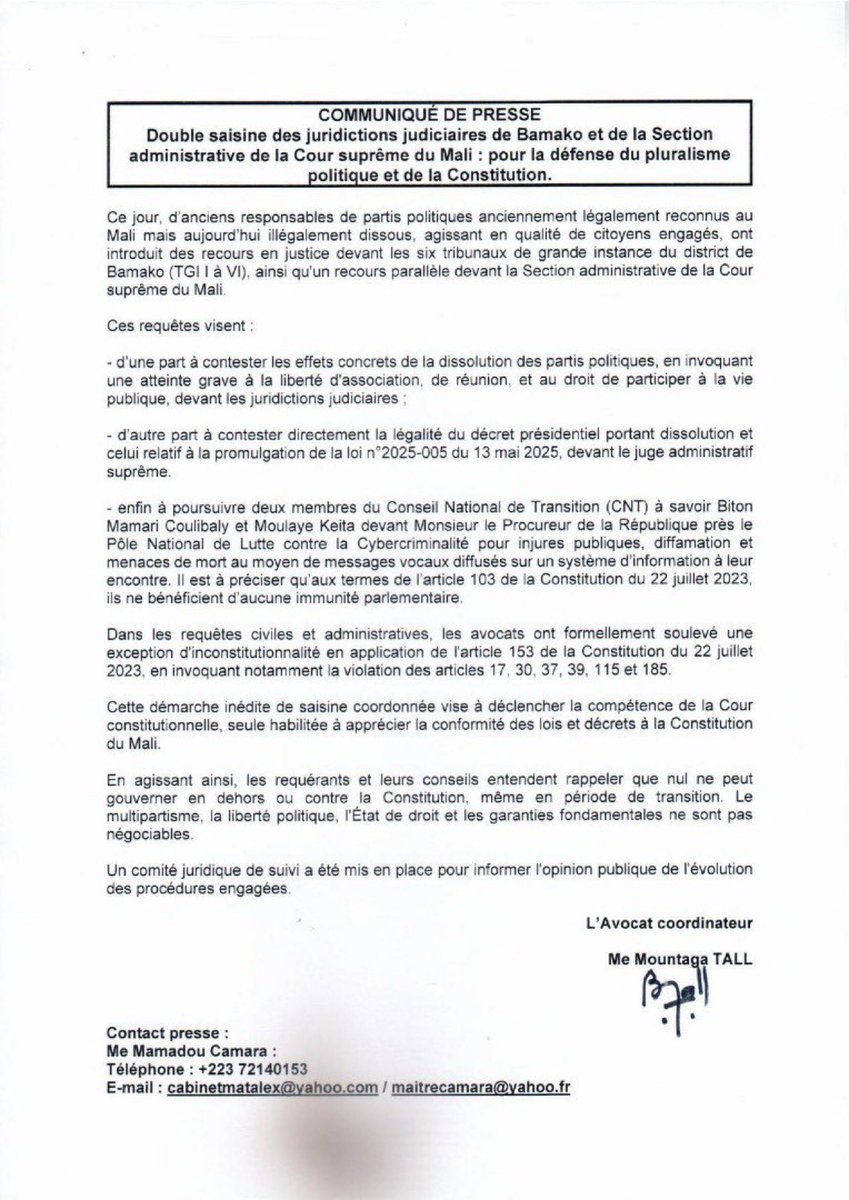 YeahSamake's tweet image. LE DÉCRET DE DISSOLUTION DES PARTIS POLITIQUE ATTAQUÉ. 
DES MEMBRES DU CNT POURSUIVIS 

La bataille judiciaire pour le respect de la Constitution, de la Charte de la Transition, des Lois et Règlements est engagée.

Pour aussi la préservation de l’Ordre Démocratique et Républicain