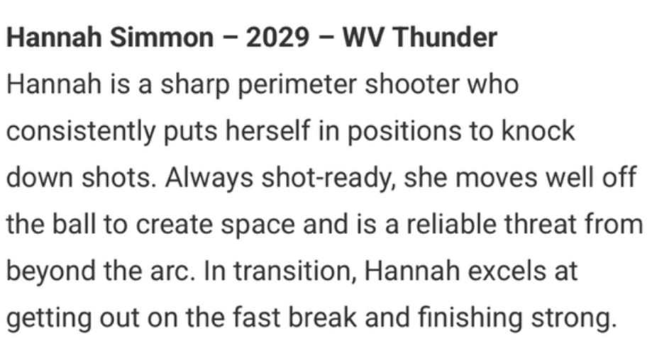 IamHannah2029 (@iamhannah2029) on Twitter photo Thank you for the recognition. Love playing and competing with and against the best. The WV Thunder allows that to happen. Extremely talented teammates best organization around.<a href="/alyxwhite_/">Alyx White</a> <a href="/PGHAkeem/">Akeem Webb</a> <a href="/PGHKentucky/">Prep Girls Hoops Kentucky</a> <a href="/ProspectShowcse/">Prospect_ShowcaseWBB</a> <a href="/vaughtsviews/">Vaughts' Views</a> Thank you for the recognition. Love playing and competing with and against the best. The WV Thunder allows that to happen. Extremely talented teammates best organization around.<a href="/alyxwhite_/">Alyx White</a> <a href="/PGHAkeem/">Akeem Webb</a> <a href="/PGHKentucky/">Prep Girls Hoops Kentucky</a> <a href="/ProspectShowcse/">Prospect_ShowcaseWBB</a> <a href="/vaughtsviews/">Vaughts' Views</a>