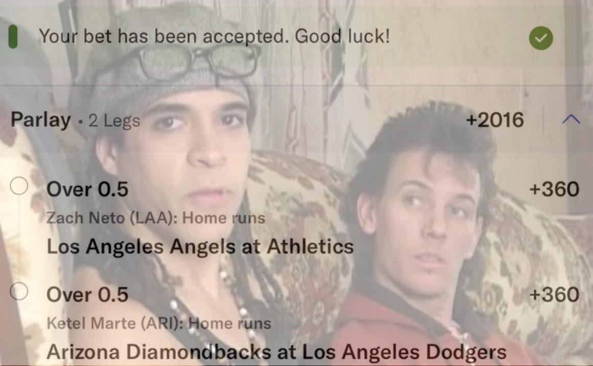 Sunnyvale___'s tweet photo. These two idiots are back with a Homerun parlay.  

Hopefully this time they don’t fuck up. 

🌞🌞🌞 https://t.co/XPy7N9iWPs