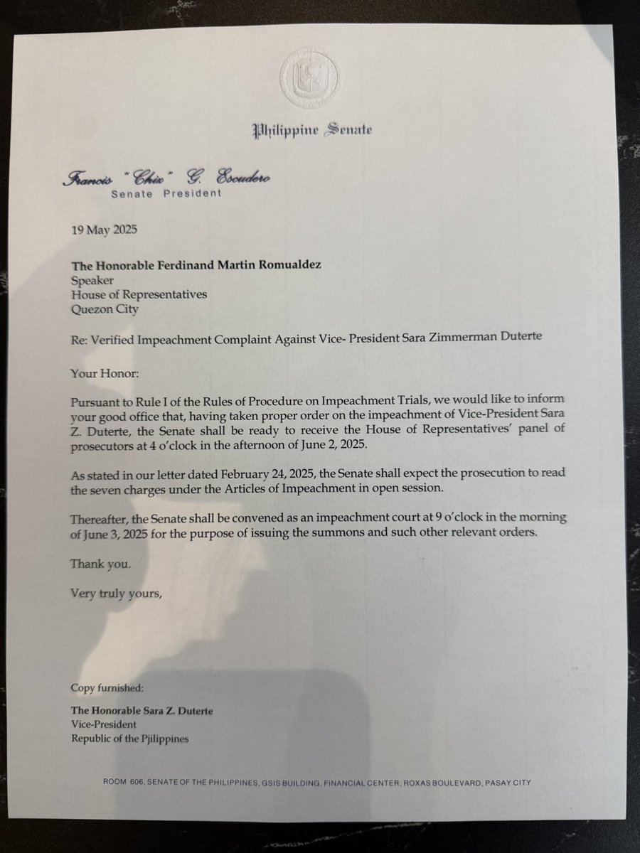Look: letter of SP Chiz Escudero to Speaker Martin Romualdez, saying that senate shall be  ready to receive HoR panel of prosecutors at 4PM of June 2, 2025 <a href="/dwiz882/">DWIZ Newscenter</a>