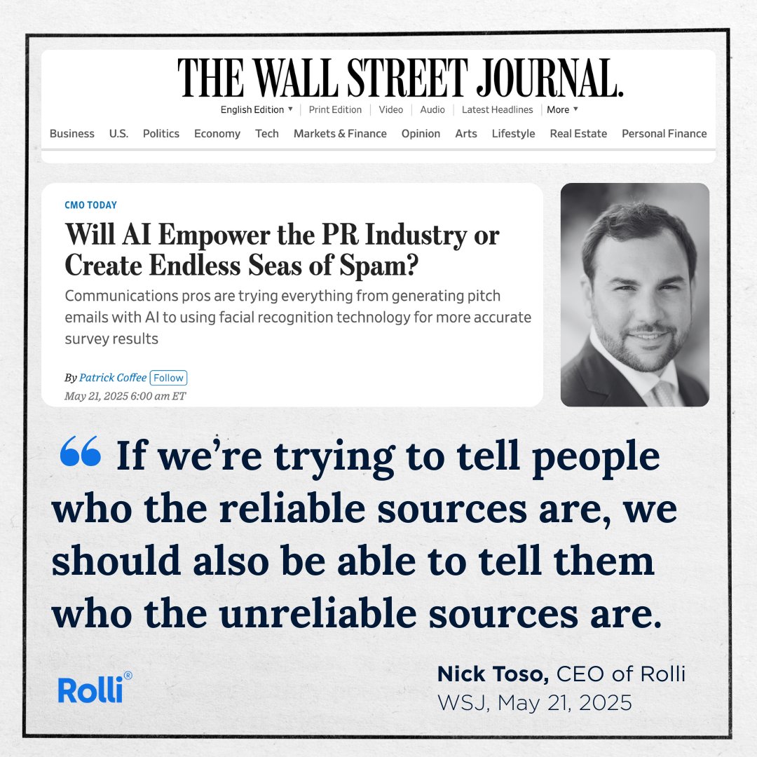 Rolli (@rolliapp) on Twitter photo In today’s <a href="/WSJ/">The Wall Street Journal</a>, we shared a growing concern: AI is flooding the media landscape with unreliable sources and spam, and journalists are paying the price.
That’s why we’re launching Rolli IQ ™: the first AI platform built to help you track what’s real, in real time. In today’s <a href="/WSJ/">The Wall Street Journal</a>, we shared a growing concern: AI is flooding the media landscape with unreliable sources and spam, and journalists are paying the price.
That’s why we’re launching Rolli IQ ™: the first AI platform built to help you track what’s real, in real time.