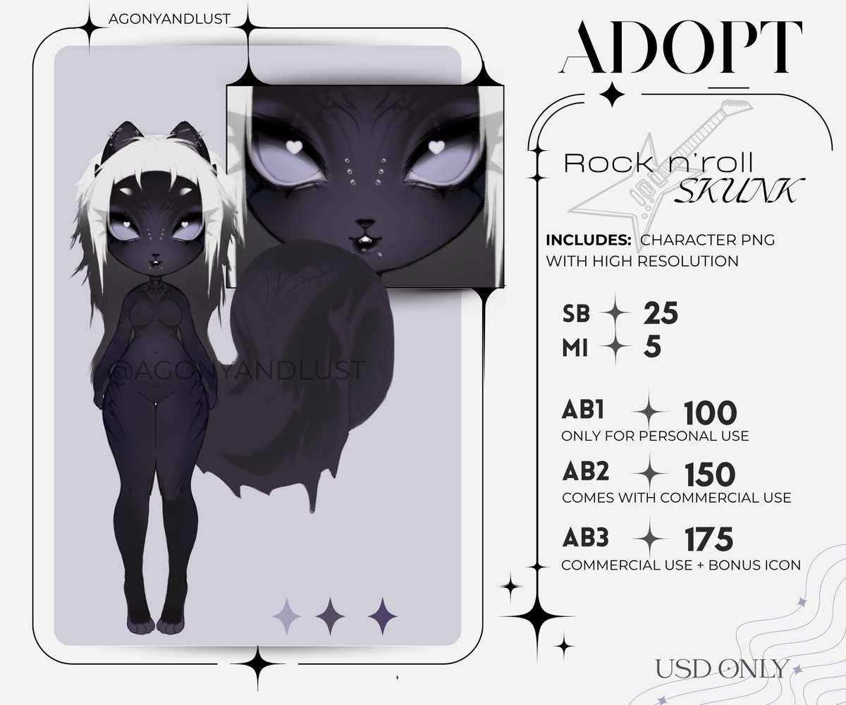 ㅤ
ㅤRock N'Roll Skunk Adoptable is now available !! 🦨
ㅤ
ㅤ⬇️ INFOS &amp; Auction bellow. ⬇️
ㅤ› #adoptable ⸝⸝ #adopts