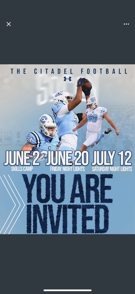 Thank you <a href="/CoachRAPinilla/">TweetMasterP</a> for the Citadel camp invite!!

<a href="/CoachJasonTone/">Coach Tone</a> <a href="/CoachGarrettH/">Garrett Hochstetler</a> 
<a href="/CoachDHedrick/">Coach Darrel Hedrick</a>   <a href="/CoachMcCTLH/">Coach McCauley</a> <a href="/CitadelFootball/">The Citadel Football</a>  @On3Recruits <a href="/TLH_Football/">TL Hanna Football</a>