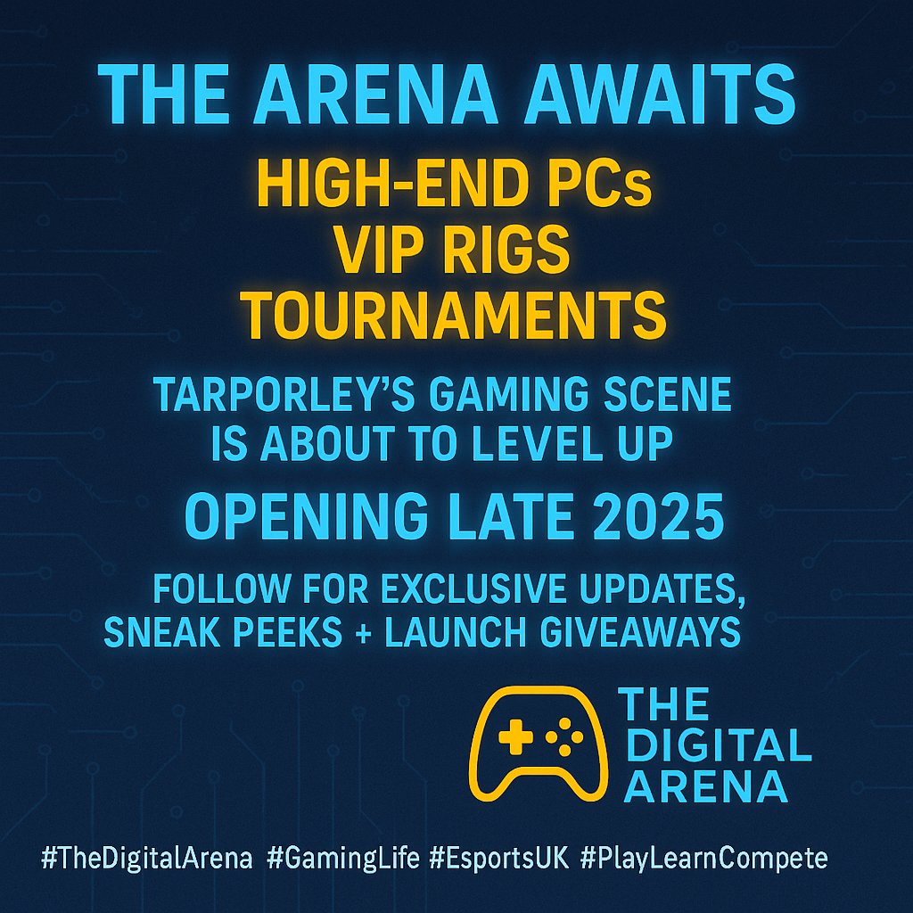 The Arena awaits.
High-end PCs. VIP rigs. Tournaments.
Tarporley’s gaming scene is about to LEVEL UP.

Opening late 2025.
Follow for exclusive updates &amp; sneak peeks.

thedigitalarena.uk

#TheDigitalArena #GamingLife #GamingUK #PlayLearnCompete #TheArenaAwaits