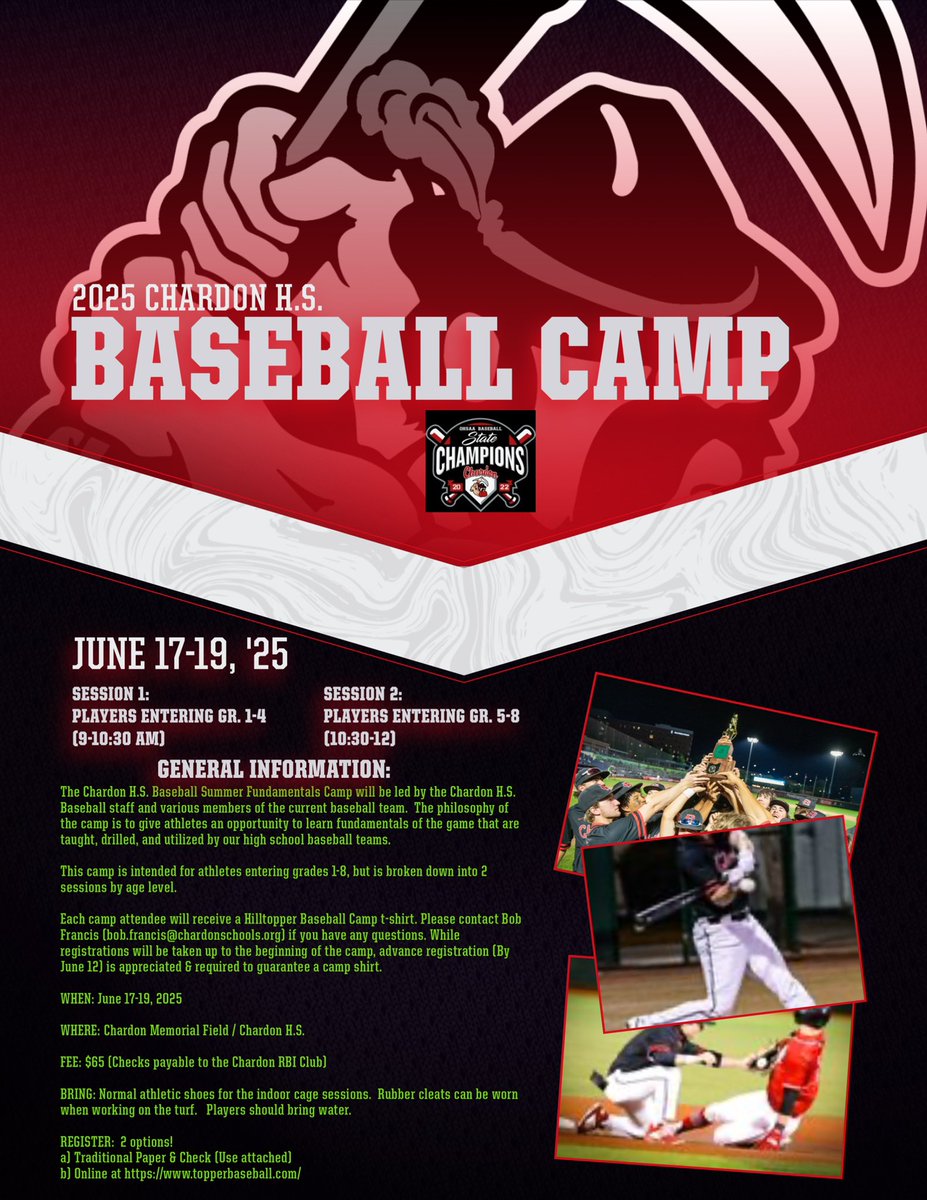 Registrations are open for the Chardon Baseball Summer Skills Camp June 17-19!   Players entering grades 1-8.
See pic &amp; register at topperbaseball.com/teams/default.…