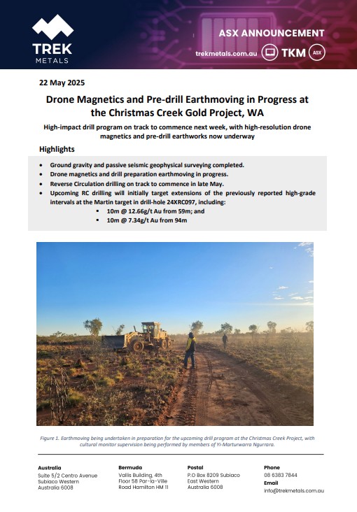 Pre-drill earthmoving and high-resolution magnetic surveying has commenced ahead of the upcoming drilling program at Trek's Christmas Creek Gold Project, where a high-impact drill program is on track to begin next week.
ow.ly/Mivk50VWNPF

$TKM #ChristmasCreek #Kimberley #WA