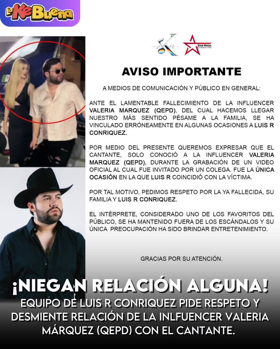 Luego de que se estuviera especulando la relación de Luis R Conriquez y Valeria Márquez (QEPD), el equipo del cantante sale a negar estas acusaciones y a pedir respeto por la memoria de la ya fallecida modelo ⚡️ 

#lakebuenamty #aquisuena #luisrconriquez