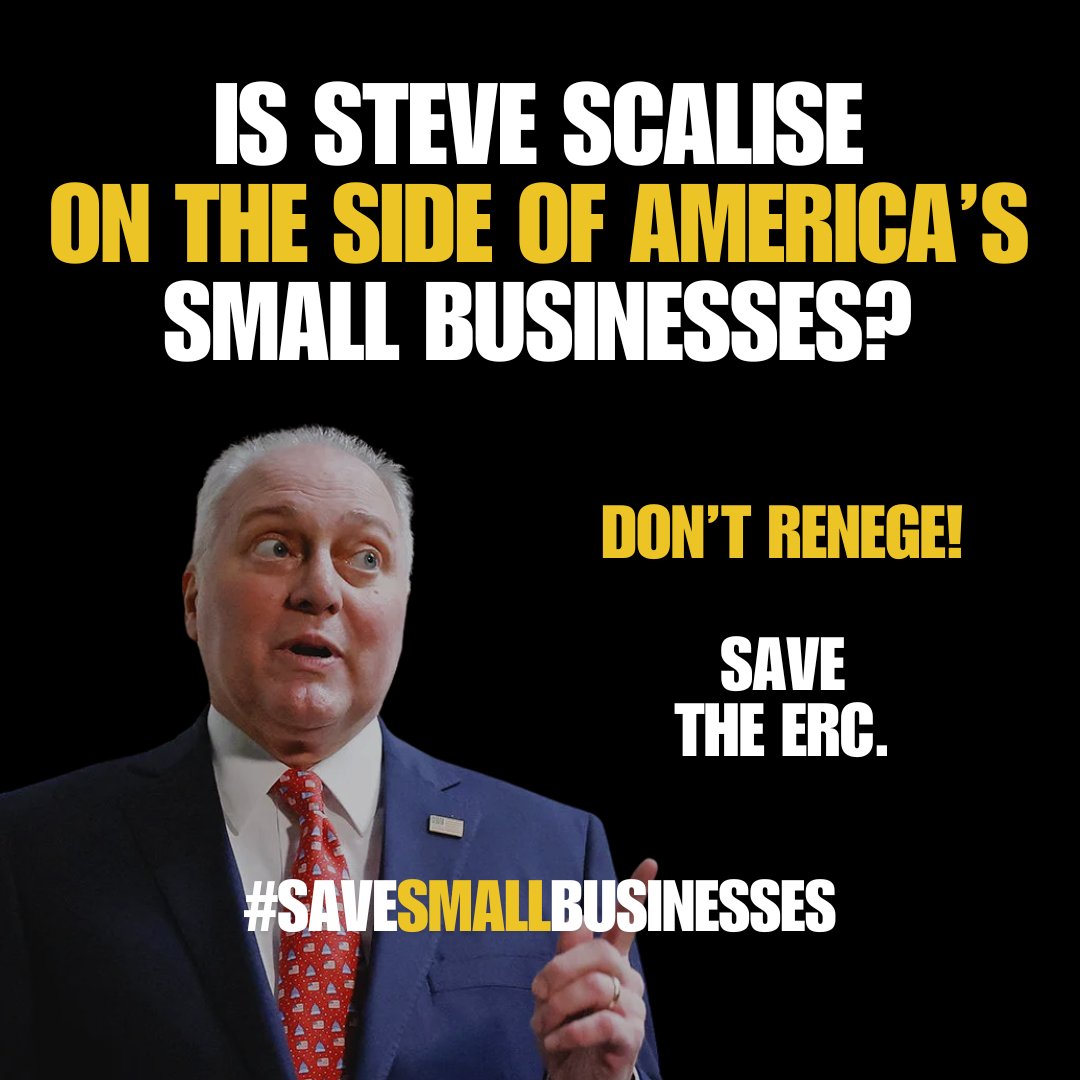 Nick Knudsen ๐บ๐ธ (@nickknudsenus) on Twitter photo <a href="/SteveScalise/">Steve Scalise</a> Hey <a href="/SteveScaliseGOP/">Steve Scalise</a> - Word on the street was that you cared about small businesses.
So why didn't you fight to #SaveSmallBusinesses?
The ERC repeal embedded in the budget bill backstabs small businesses across this country.
FIX IT! This is a no-brainer. America is watching. <a href="/SteveScalise/">Steve Scalise</a> Hey <a href="/SteveScaliseGOP/">Steve Scalise</a> - Word on the street was that you cared about small businesses.
So why didn't you fight to #SaveSmallBusinesses?
The ERC repeal embedded in the budget bill backstabs small businesses across this country.
FIX IT! This is a no-brainer. America is watching.