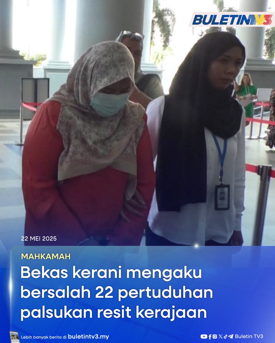 BuletinTV3's tweet photo. MAHKAMAH | Bekas kerani kewangan Ibu Pejabat Polis Kontinjen (IPK) Kuala Lumpur mengaku bersalah di Mahkamah Sesyen Kuala Lumpur atas 22 pertuduhan memalsukan resit kerajaan membabitkan kerugian lebih kurang RM63,000.

#BuletinTV3 #IPK #IPKKL #ResitKerajaan https://t.co/ro6d3sTGJu