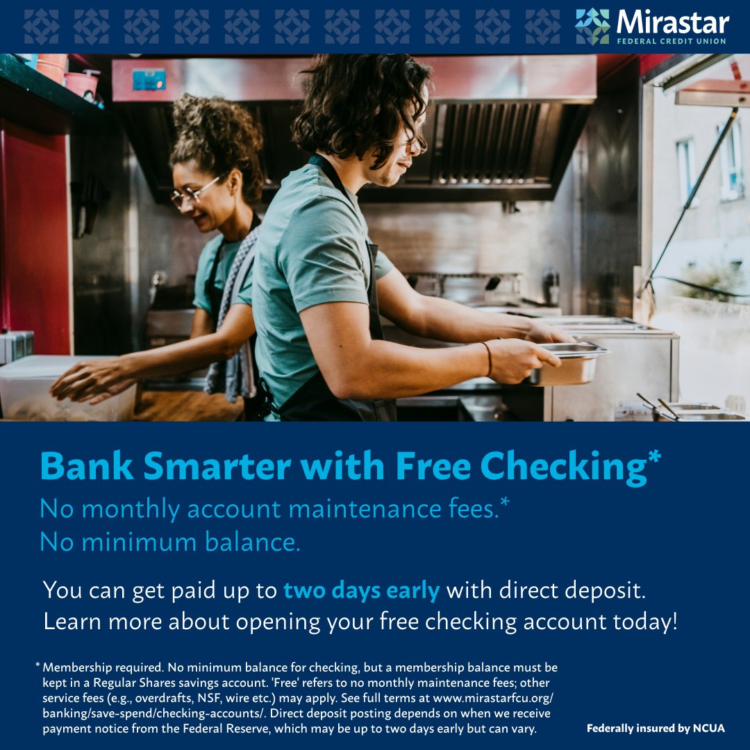 mirastar_fcu's tweet image. No hassle. $0 minimum balance to open Free Checking* account. Plus you can get paid up to two days early with direct deposit.  Open your Free Checking* account today!  bit.ly/mirastar-free-…

#FreeChecking #BankSmarter #NoFees #MirastarFCU #OnTheRise