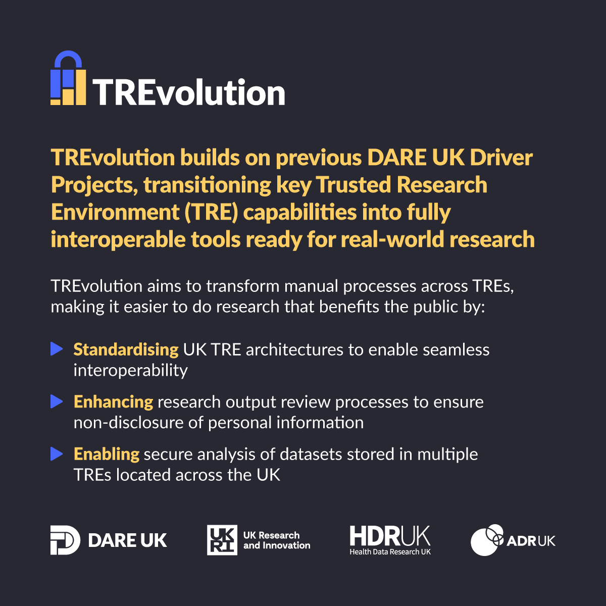 DARE UK (@dare_uk1) on Twitter photo 🔦 The first in our #Spotlight series is a flagship initiative of the DARE UK (Phase 2) Transformational Programme, funded by <a href="/UKRI_News/">UK Research and Innovation</a>.
Launched in March 2025, #TREvolution is tackling key challenges in conducting complex, cross-sector research in UK Trusted Research 🔦 The first in our #Spotlight series is a flagship initiative of the DARE UK (Phase 2) Transformational Programme, funded by <a href="/UKRI_News/">UK Research and Innovation</a>.
Launched in March 2025, #TREvolution is tackling key challenges in conducting complex, cross-sector research in UK Trusted Research