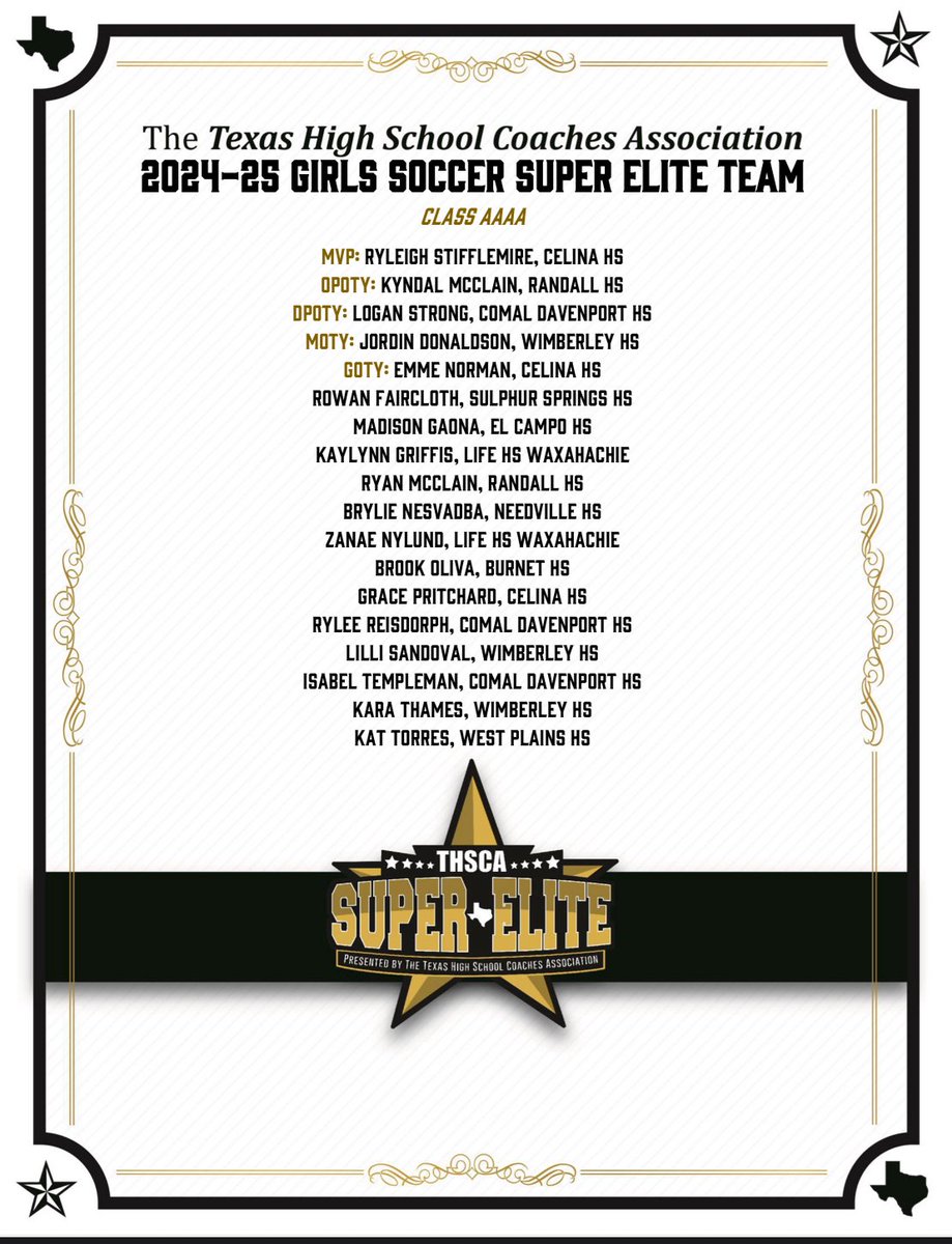 Thank you <a href="/THSCAcoaches/">THSCA</a> for selecting me to be a part of the Super Elite 4A team! <a href="/CelinaSoccer/">Celina Lady Bobcats Soccer</a>
