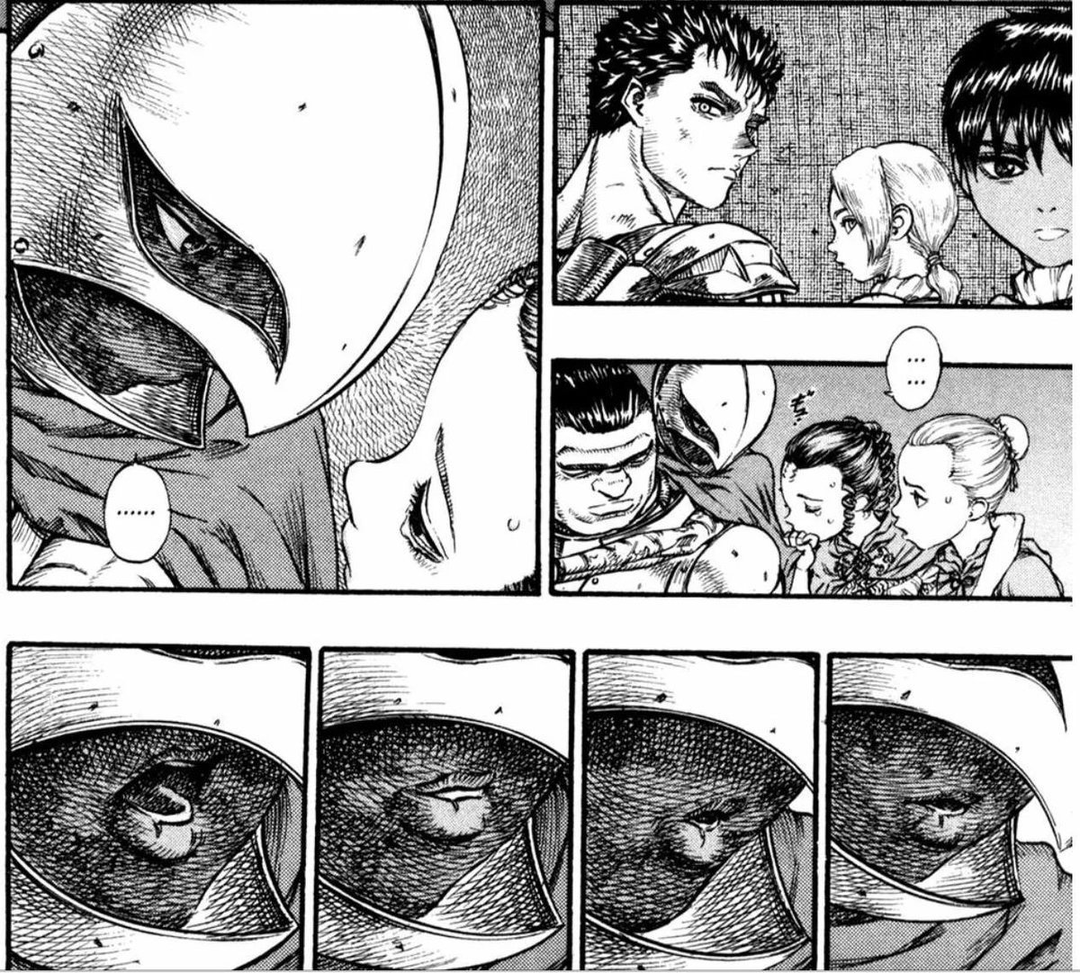 griffithmpreg's tweet image. if you read this part from his lips he said 'tuah'. so technically hawk tuah is canon in berserk