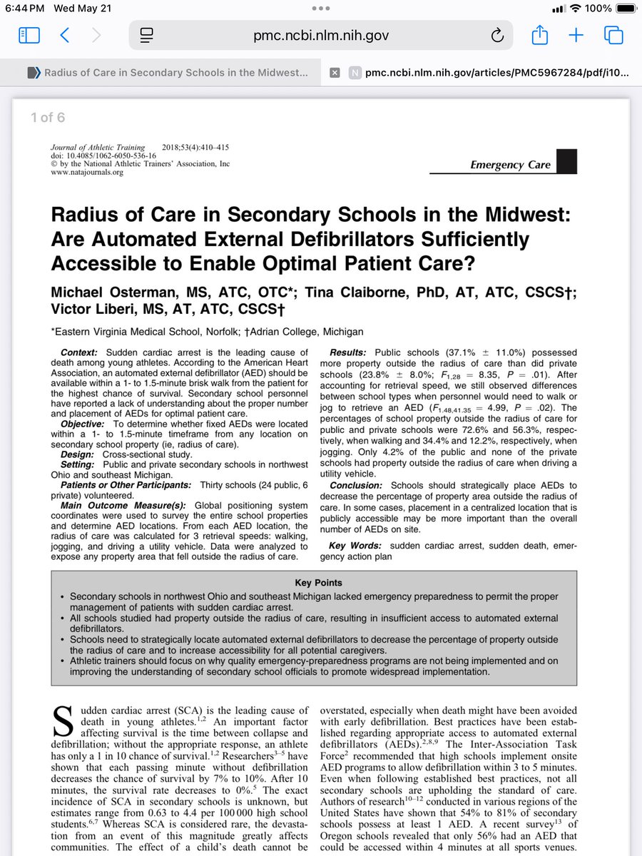 On today’s <a href="/AviveSolutions/">Avive Solutions</a> webinar I mentioned a specific research article about #AED on school campuses. Here’s that article. pubmed.ncbi.nlm.nih.gov/29693422/