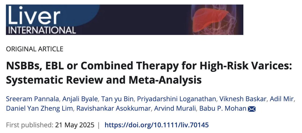 Babu P. Mohan (@babupmohan2) on Twitter photo NSBBs, EBL or Combined Therapy for High-Risk Varices: Systematic Review and Meta-Analysis pubmed.ncbi.nlm.nih.gov/40396591/
Good work <a href="/AnjaliByale/">Anjali Byale, MD</a> <a href="/PriyadarshiniMD/">Priyadarshini Loganathan</a> <a href="/Sreerampannala/">Sreeram Pannala</a> <a href="/AASLDtweets/">AASLD</a> #gitwitter #MedTwitter NSBBs, EBL or Combined Therapy for High-Risk Varices: Systematic Review and Meta-Analysis pubmed.ncbi.nlm.nih.gov/40396591/
Good work <a href="/AnjaliByale/">Anjali Byale, MD</a> <a href="/PriyadarshiniMD/">Priyadarshini Loganathan</a> <a href="/Sreerampannala/">Sreeram Pannala</a> <a href="/AASLDtweets/">AASLD</a> #gitwitter #MedTwitter
