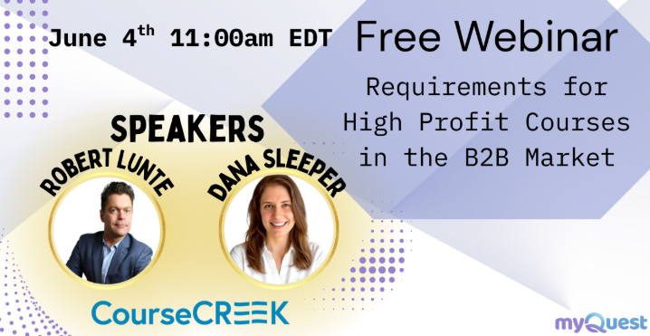 CourseCREEK (@course_creek) on Twitter photo The foundation of a high-profit B2B course starts with the right choices.
Join us on June 4th at am EDT for a live webinar with Robert Lunte and Dana Sleeper to explore launching and scaling profitable B2B training programs.
What you’ll learn:
• How to choose the right The foundation of a high-profit B2B course starts with the right choices.
Join us on June 4th at am EDT for a live webinar with Robert Lunte and Dana Sleeper to explore launching and scaling profitable B2B training programs.
What you’ll learn:
• How to choose the right