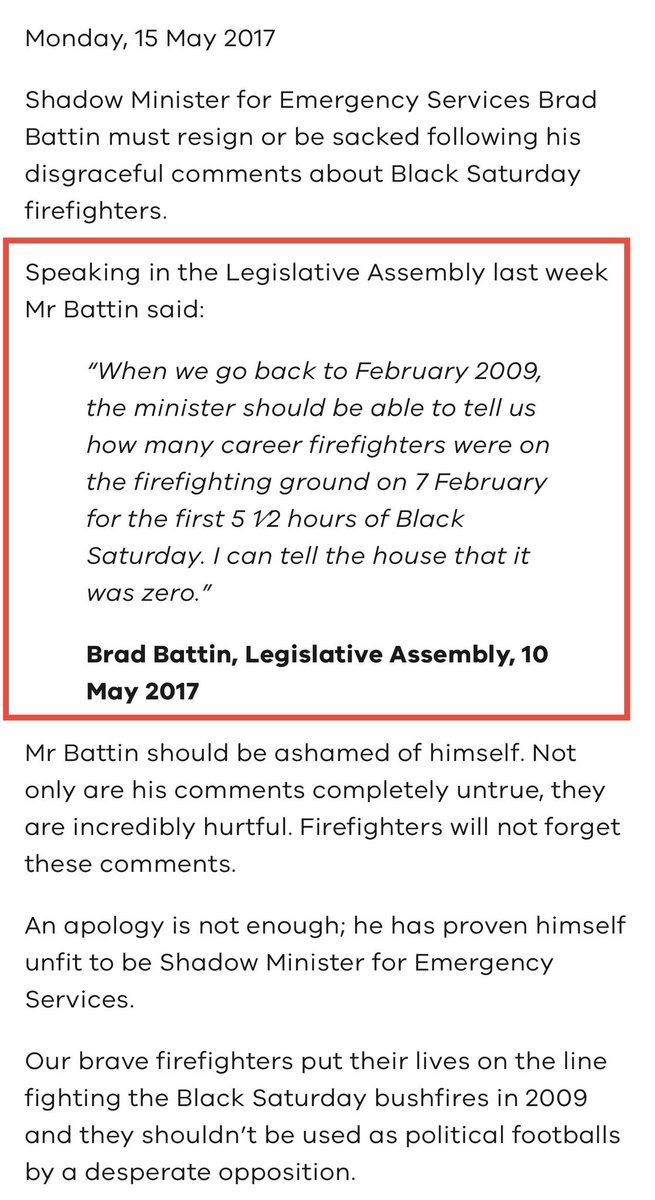 Commoncents21's tweet image. A bit rich of Vic Opposition Leader, Brad Battin standing on the steps of Parliament House protesting with landowners &amp;amp; CFA volunteers this week when he had the audacity to say this in 2017 about our career firefighters re the 2009 Black Saturday

Not a leader just a Liberal👎