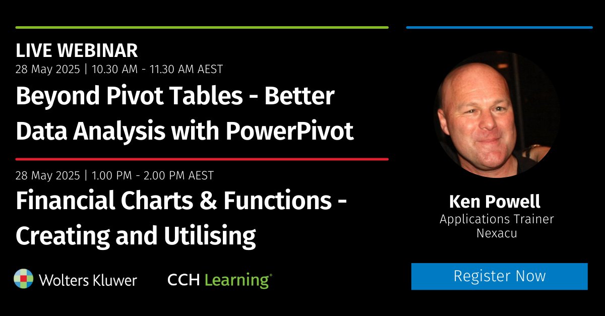 Join Ken Powell for two-sessions on streamlining reporting with PowerPivot, reducing manual tasks, utilising financial functions &amp; chart types for reporting.

Beyond Pivot Tables: ow.ly/rc3F50VTF4t
Financial Charts &amp; Functions:  ow.ly/WHzG50VTF4s

#Excel #PivotTables