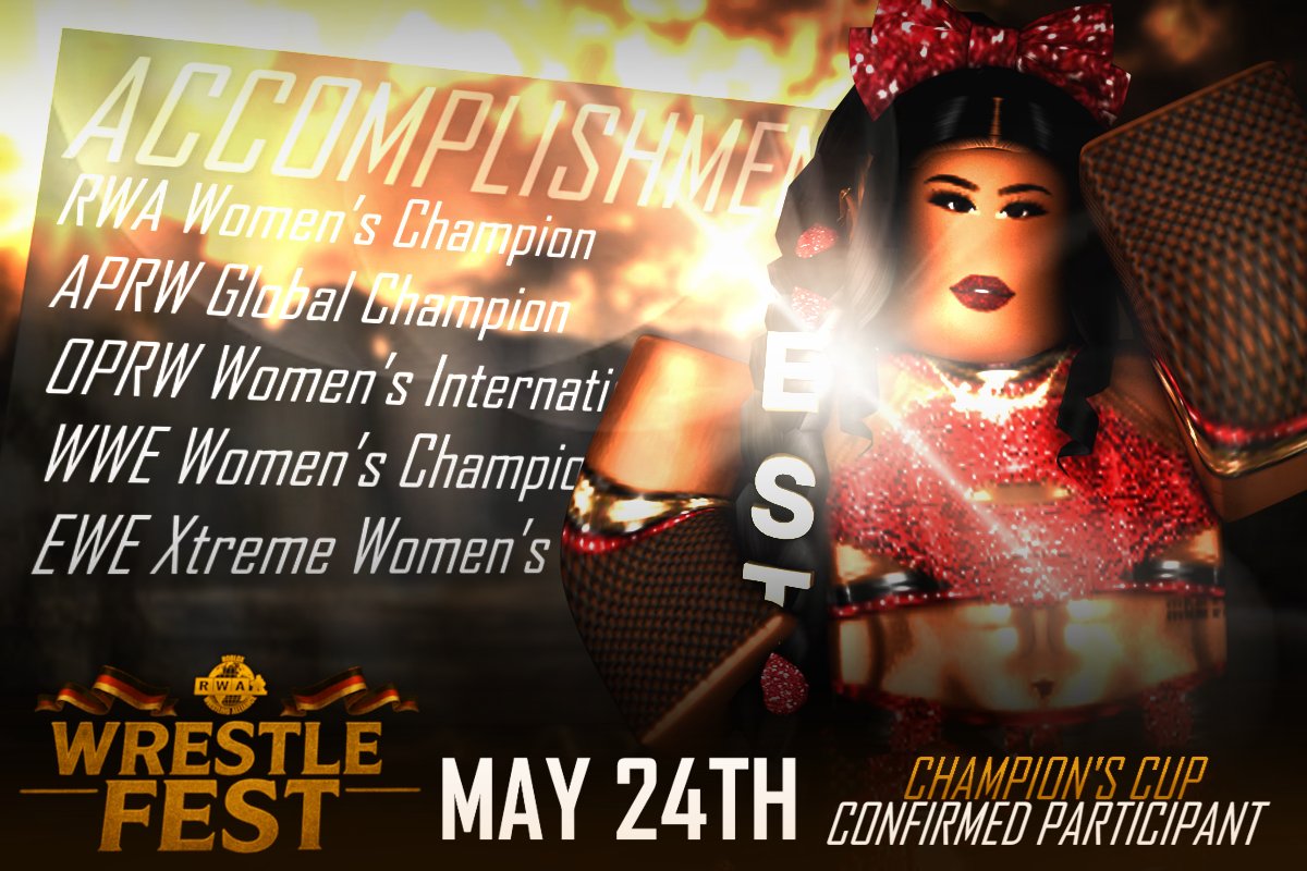 Roblox Wrestling Alliance (@rwamedia) on Twitter photo The ๐.๐.๐๐
<a href="/sluhchi/">sluhchi/brielle</a> is the 5th entry into the Women's Champion's cup tournament, and looks to leave with the gold!
A decorated superstar, multi time champion, and veteran in the community, the stars all aligned for Miss E.S.T! The ๐.๐.๐๐
<a href="/sluhchi/">sluhchi/brielle</a> is the 5th entry into the Women's Champion's cup tournament, and looks to leave with the gold!
A decorated superstar, multi time champion, and veteran in the community, the stars all aligned for Miss E.S.T!