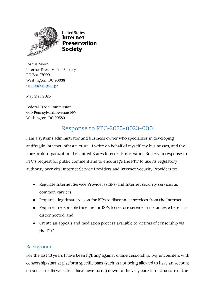 usipsorg's tweet image. We have submitted a comment to the @FTC  supporting:
(1) regulating Tier 1 ISPs as common carriers,
(2) the federal government refusing contracts and grants to censorious companies, and
(3) opening an FTC hotline to report censorship.

All Americans deserve a place to speak.