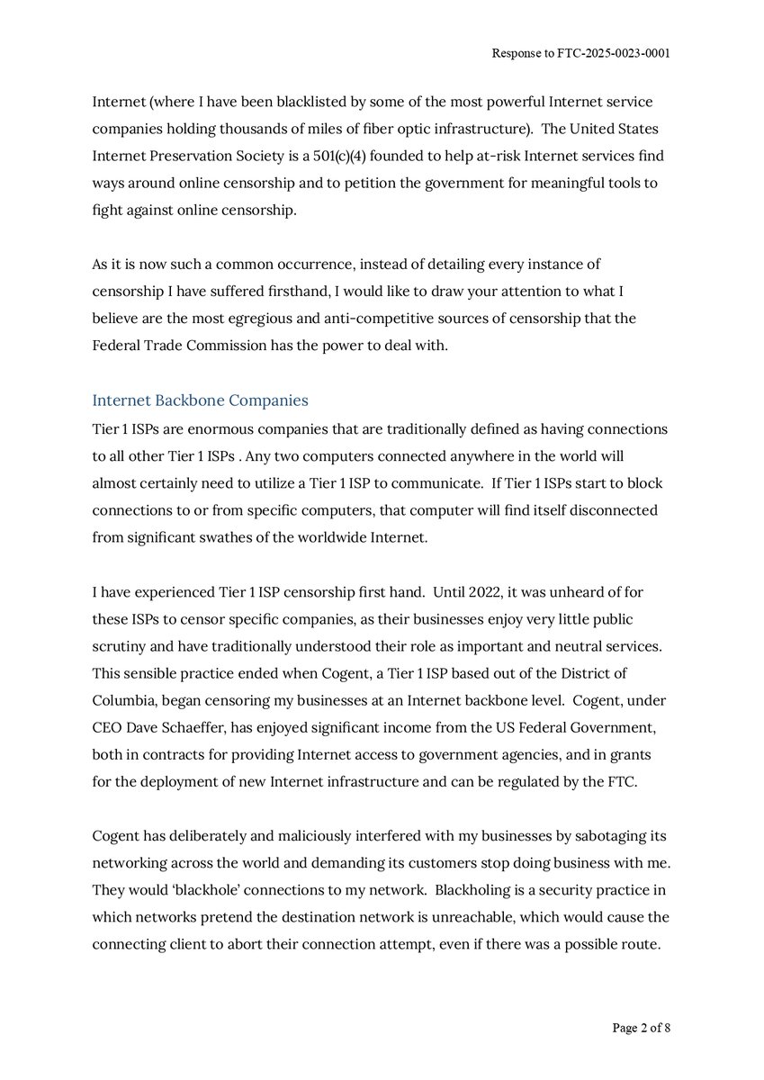 usipsorg's tweet image. We have submitted a comment to the @FTC  supporting:
(1) regulating Tier 1 ISPs as common carriers,
(2) the federal government refusing contracts and grants to censorious companies, and
(3) opening an FTC hotline to report censorship.

All Americans deserve a place to speak.