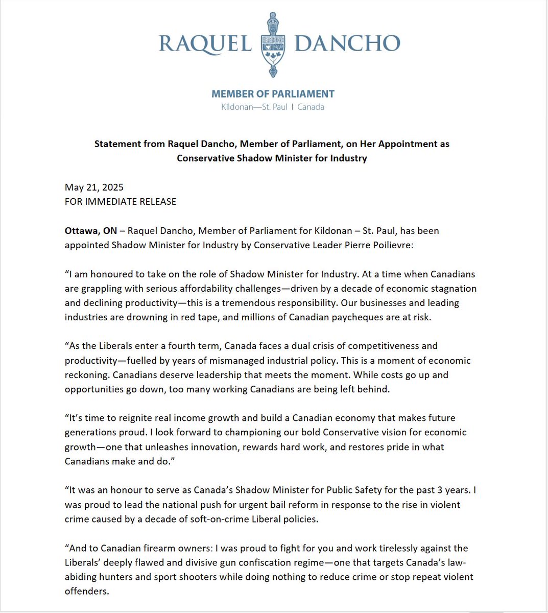 RaquelDancho's tweet image. Please see my statement on being named the Shadow Minister for Industry for Canada’s Official Opposition. 

I am honoured to take on this role at such a critical time for Canadian industry and workers. 

Let’s get to work.