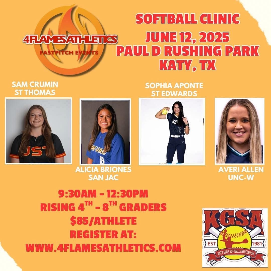 Summer Camp Announcement!

We’re excited to share this 4 Flames Athletics kick off summer camp with an incredible opportunity for rising 4th–8th graders! Join them on June 12th at Paul D Rushing Park in Katy, TX for a dynamic 4Flames Athletics Softball Clinic featuring a