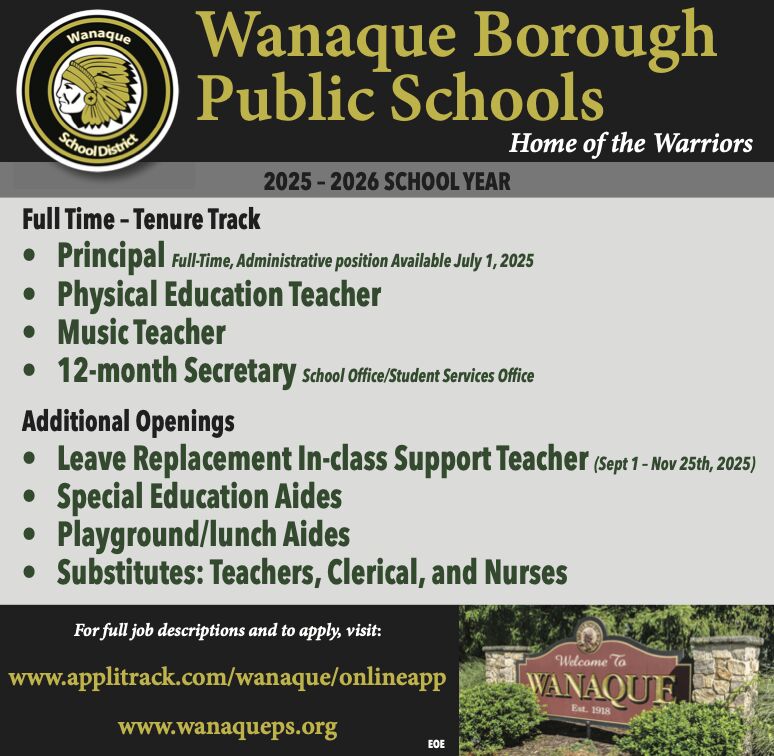 We are hiring! 

The Wanaque School District seeks passionate, dedicated educators and professionals to join our team. If you're committed to student success and want to grow in a collaborative, innovative environment, we want to meet you!

🌟 Explore our current openings and