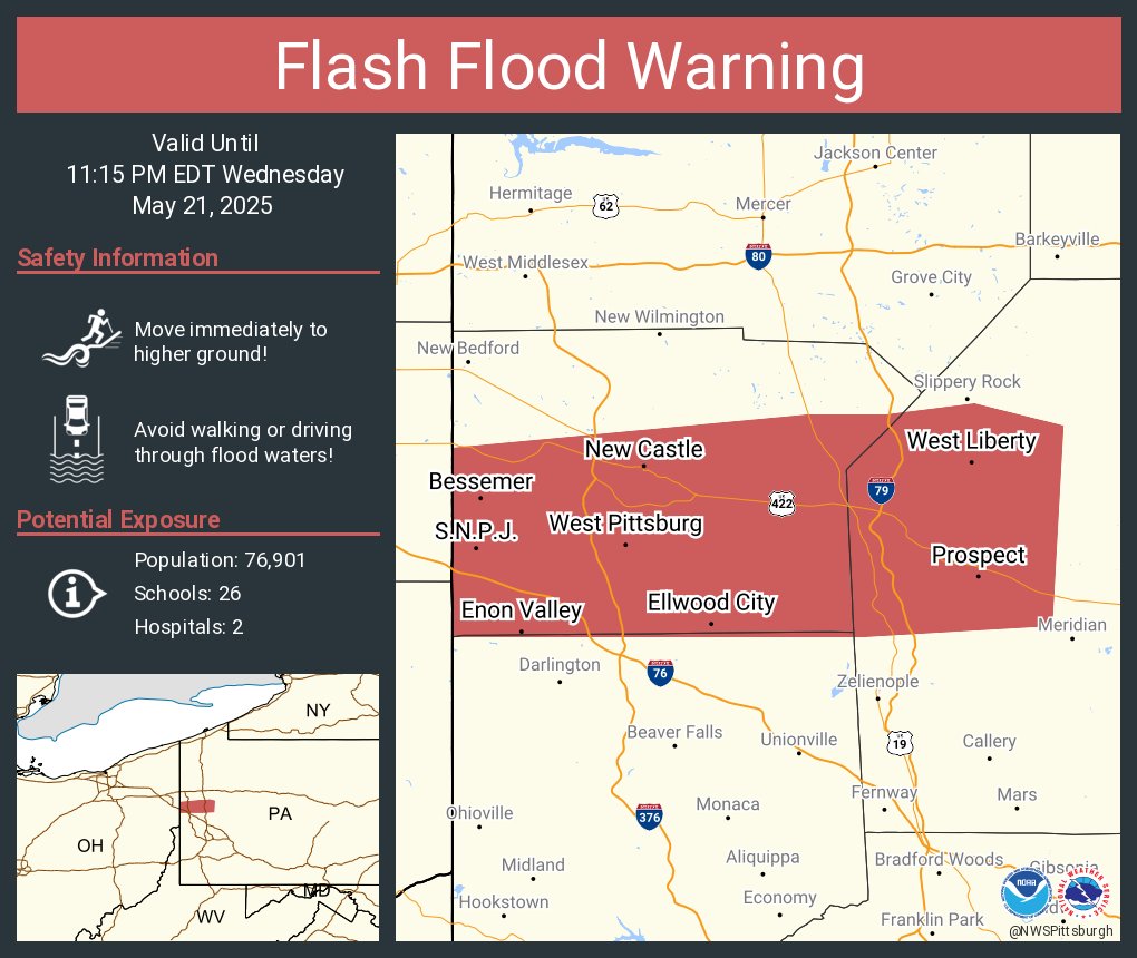 Flash Flood Warning including New Castle PA, Ellwood City PA and  Oakwood PA until 11:15 PM EDT
