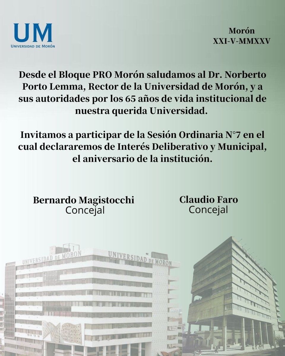Claudio Faro (@claudiofarook) on Twitter photo Este jueves conmemoraremos en el Concejo Deliberante los 65 aรฑos de nuestra querida <a href="/uni_moron/">Universidad de Morรณn</a> Este jueves conmemoraremos en el Concejo Deliberante los 65 aรฑos de nuestra querida <a href="/uni_moron/">Universidad de Morรณn</a>