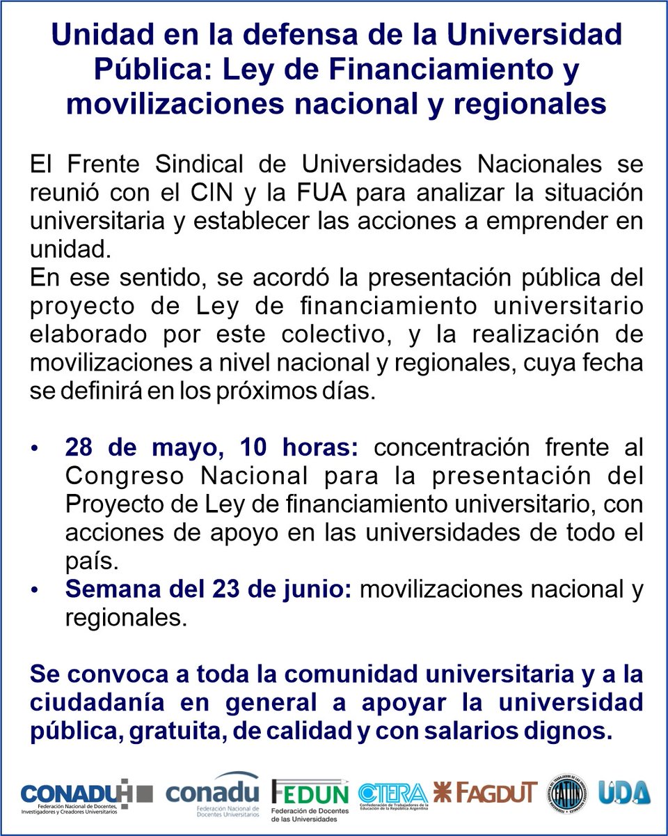 #FrenteSindical #PlanDeLucha #UniversidadesNacionales
🔵Unidad en la defensa de la Universidad Pública: Ley de Financiamiento y movilizaciones nacional y regionales.
