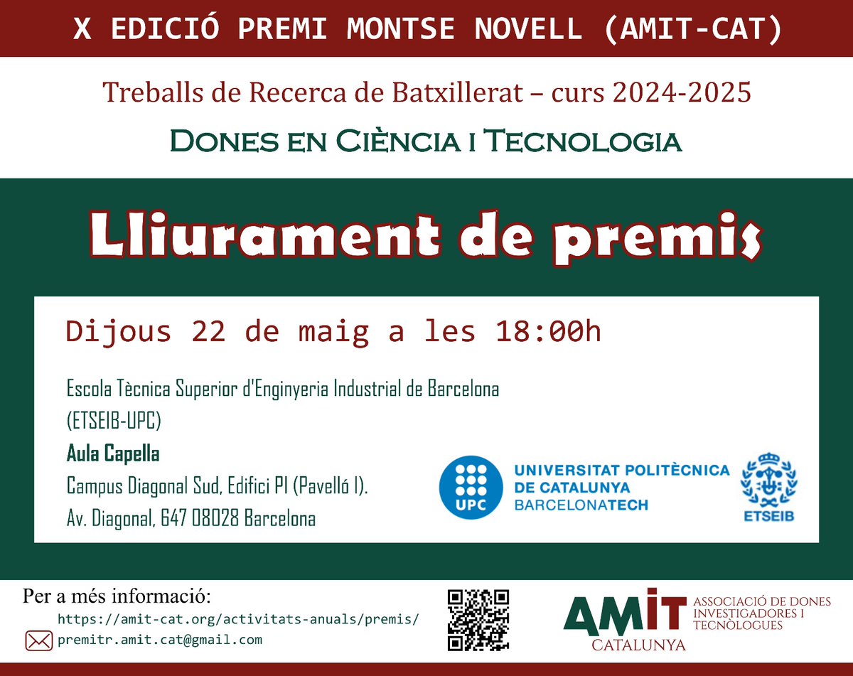 Hoy celebramos la entrega de premios de la X Edición Premio Montse Novell. Después de meses de trabajo, las personas participantes disfrutarán de este merecido reconocimiento. Invitamos a personas interesadas en investigación sobre ciencia y mujer. Detalles en el cartel.