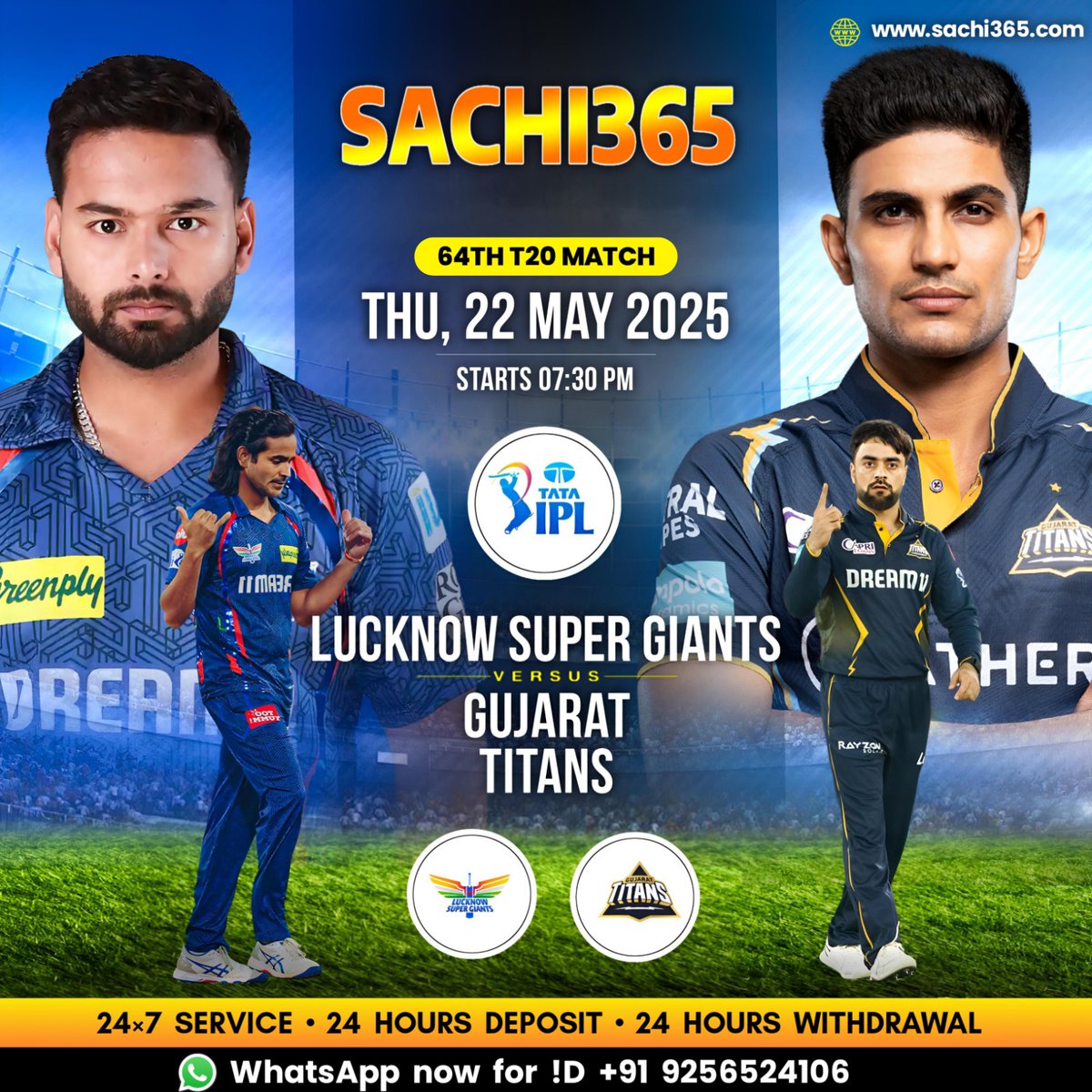 info_Sachi365's tweet image. 🏏 It's Game Time! 🔥
Get ready for an electrifying clash as Lucknow Super Giants take on Gujarat Titans in the 64th T20 match of TATA IPL 2025!

#Sachi365 #IPL2025 #LSGvsGT #TATAIPL #OnlineGaming #InstantWithdrawal