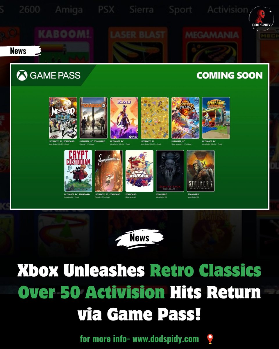 DodSpidy's tweet image. As reported by Xbox Wire, classics like Pitfall!, Commando, and Mech Warrior 2 are now playable on console, PC, and cloud-supported devices.

For More Info - (dodspidy.com/xbox-activisio…)

#XboxRetroClassics #GamePreservation #ActivisionClassics #Pitfall #MechWarrior2 #Commando