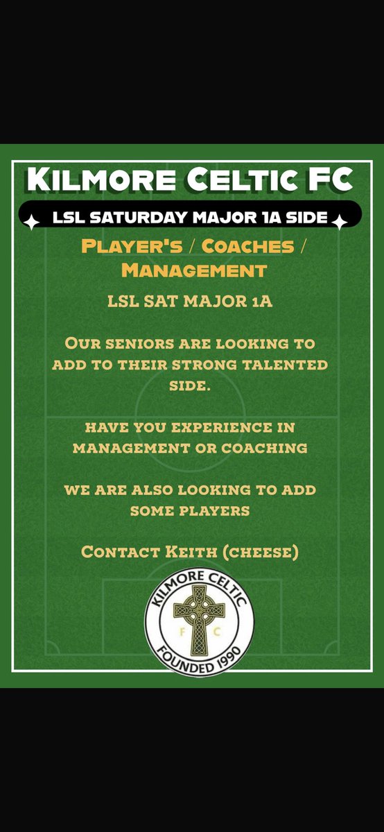 Kilmore Celtic FC (@kilmoreceltic) on Twitter photo ⚽️⚽️⚽️⚽️⚽️⚽️
Our senior team are looking for experience in
: Management
: Coaching
: Players
are you a hard worker & love the game !
If you have any experience or interest in this contact us on… <a href="/Keithcleary4/">Keith Cleary</a>
<a href="/LSLLeague/">Leinster Senior League</a> <a href="/AlQuinn2015/">LSL Live Update’s</a> <a href="/hitthechannels/">Football lover</a> ⚽️⚽️⚽️⚽️⚽️⚽️
Our senior team are looking for experience in
: Management
: Coaching
: Players
are you a hard worker & love the game !
If you have any experience or interest in this contact us on… <a href="/Keithcleary4/">Keith Cleary</a>
<a href="/LSLLeague/">Leinster Senior League</a> <a href="/AlQuinn2015/">LSL Live Update’s</a> <a href="/hitthechannels/">Football lover</a>