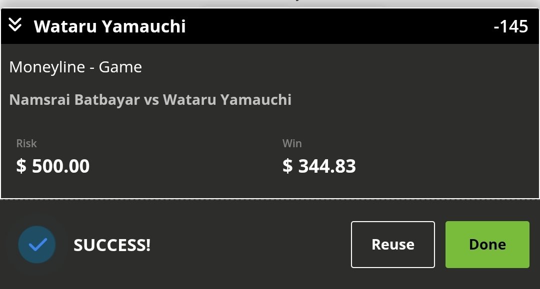 MrElectricute's tweet photo. #RoadtoUFC Bets:

🥊 Parque Eoh Jin -170 to win $750 (1.5u)
🥊 Wataru Yamauchi -145 for $500 (1u)

#MMA #YoungBoss https://t.co/qMu3k5Nig5