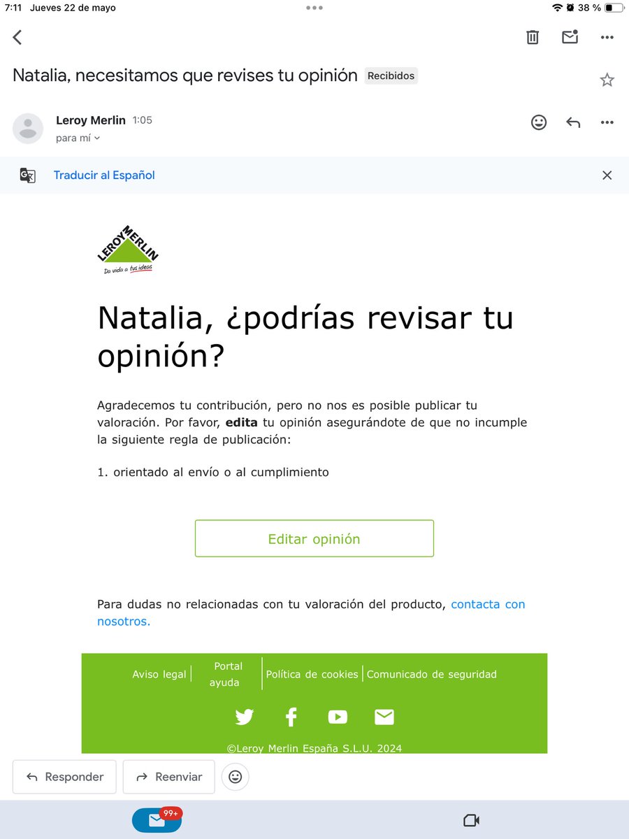 narizcuren's tweet photo. @leroymerlin_es al hilo de mi anterior post. Ayer recibo una encuesta sobre satisfacción, escribo todo lo que ha ido mal y me respondéis que no la publicáis que la rectifique…. ¿censura? el texto estaba perfectamente orientado al incumplimiento del envío y de falta respuesta https://t.co/NugZAkbCaa