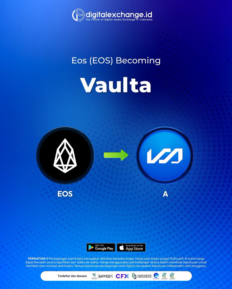 Hi Kriptopers!

Kami menginformasikan bahwa digitalexchange.id mendukung perubahan (rebranding &amp; swap) aset kripto EOS

(EOS) menjadi Vaulta (A).
Ada beberapa poin yang harus diperhatikan, untuk detailnya silakan cek di: bit.ly/rebrandingeosv…
