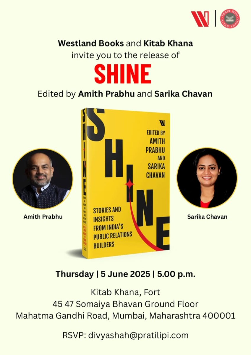 Sarika Chavan (@sourikka) on Twitter photo For those in Mumbai the SHINE book launch will take place on Thursday, 5 June at 5 pm at Kitab Khana. We look forward to seeing you there
#shinethebook
<a href="/WestlandBooks/">Westland Books</a>
<a href="/amithpr/">Amith - 🇮🇳</a> For those in Mumbai the SHINE book launch will take place on Thursday, 5 June at 5 pm at Kitab Khana. We look forward to seeing you there
#shinethebook
<a href="/WestlandBooks/">Westland Books</a>
<a href="/amithpr/">Amith - 🇮🇳</a>