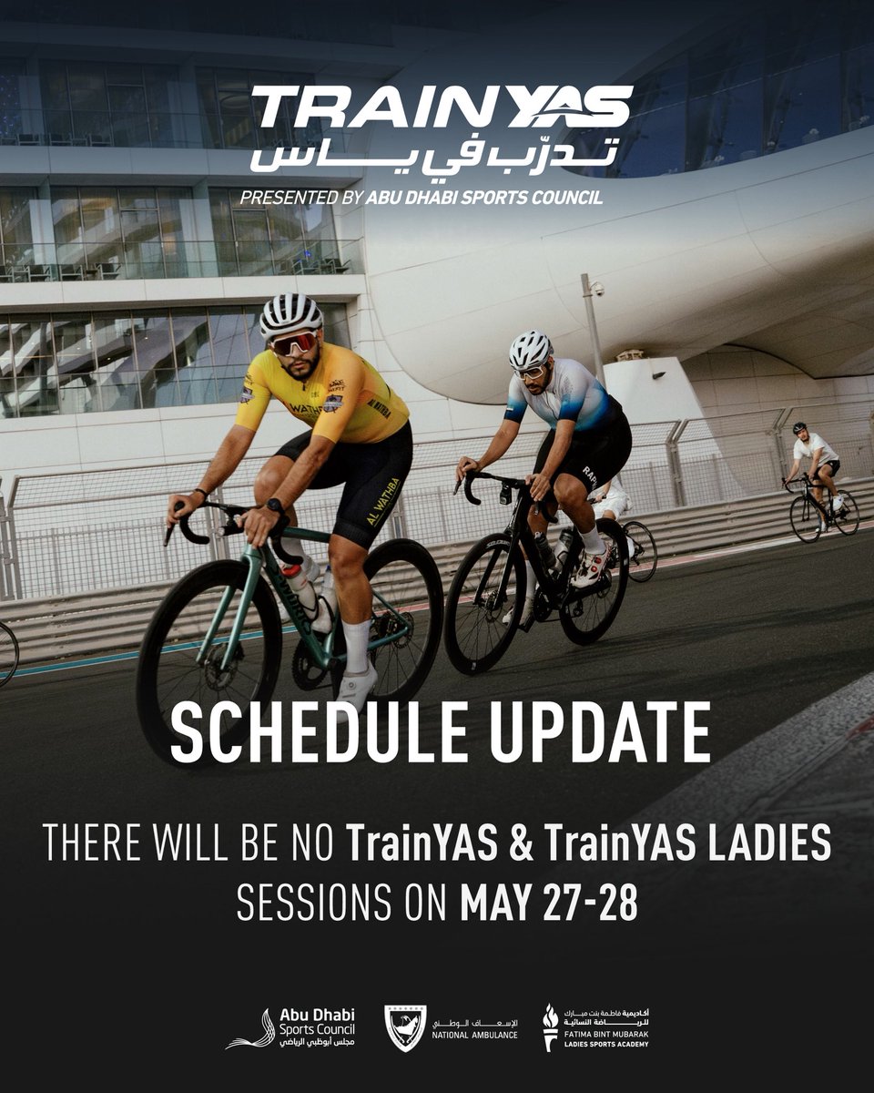 Yas Marina Circuit (@ymcofficial) on Twitter photo To our Health & Fitness community! 🏃♂️
There will be no TrainYAS or TrainYASLadies sessions on May 27 & 28, and TrainAM will be still happening on May 29 & 30. 
Rest up, and we’ll see you soon! 🚴🏽♂️ To our Health & Fitness community! 🏃♂️
There will be no TrainYAS or TrainYASLadies sessions on May 27 & 28, and TrainAM will be still happening on May 29 & 30. 
Rest up, and we’ll see you soon! 🚴🏽♂️