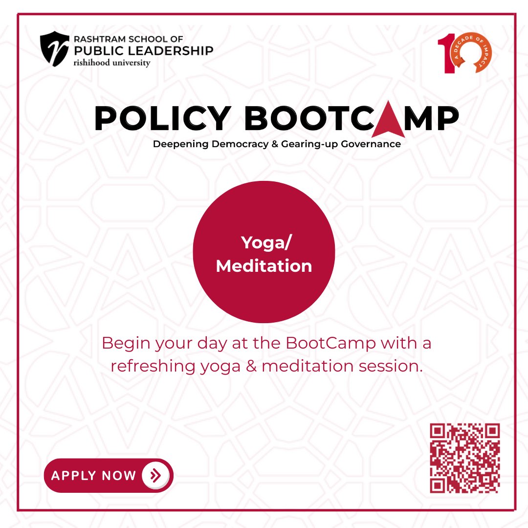 rashtramspl's tweet photo. Start your day with clarity
At #PolicyBootCamp25, yoga & meditation sessions help sharpen focus and prepare your mind for learning, leadership & decision-making.
Apply now for a deep, insightful experience: https://t.co/tK5rda5I8d
#PublicPolicy #YogaForFocus #BeAndMake https://t.co/uzzRIkhkqT
