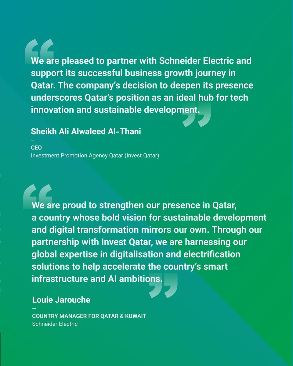 Qatar's tech ecosystem grows stronger as Invest Qatar partners with <a href="/SchneiderEME/">SchneiderElectric ME</a> to drive smart infrastructure and AI innovation. The collaboration will expand local operations while developing Qatari talent and deploying cutting-edge urban solutions.

Learn more:
