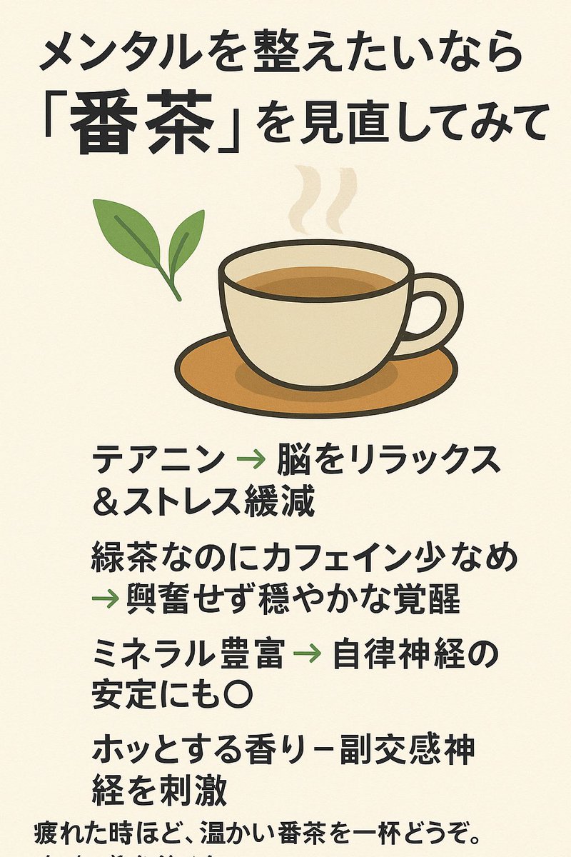 メンタルを整えたいなら「番茶」を見直してみて。

・テアニン → 脳をリラックス＆ストレス軽減
・緑茶なのにカフェイン少なめ → 興奮せず穏やかな覚醒
・ミネラル豊富 → 自律神経の安定にも◎
・ホッとする香り → 副交感神経を刺激

疲れた時ほど、温かい番茶を一杯どうぞ。すごく落ち着くよ。