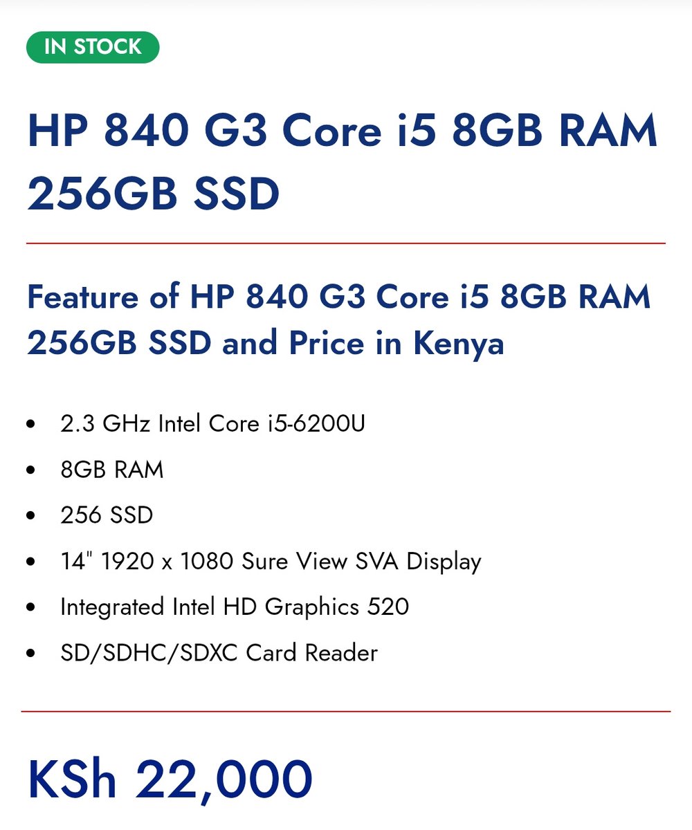 The KNEC RECOMMENDED Laptop is now selling at a Discounted price.

HP EliteBook 840 core i5 6th Gen with storage of 8gb ram and 256gb SSD available at our shop at only ksh 22,000.

Visit us at Iconic Business Plaza 3rd floor Room T12 to purchase or shop online via
